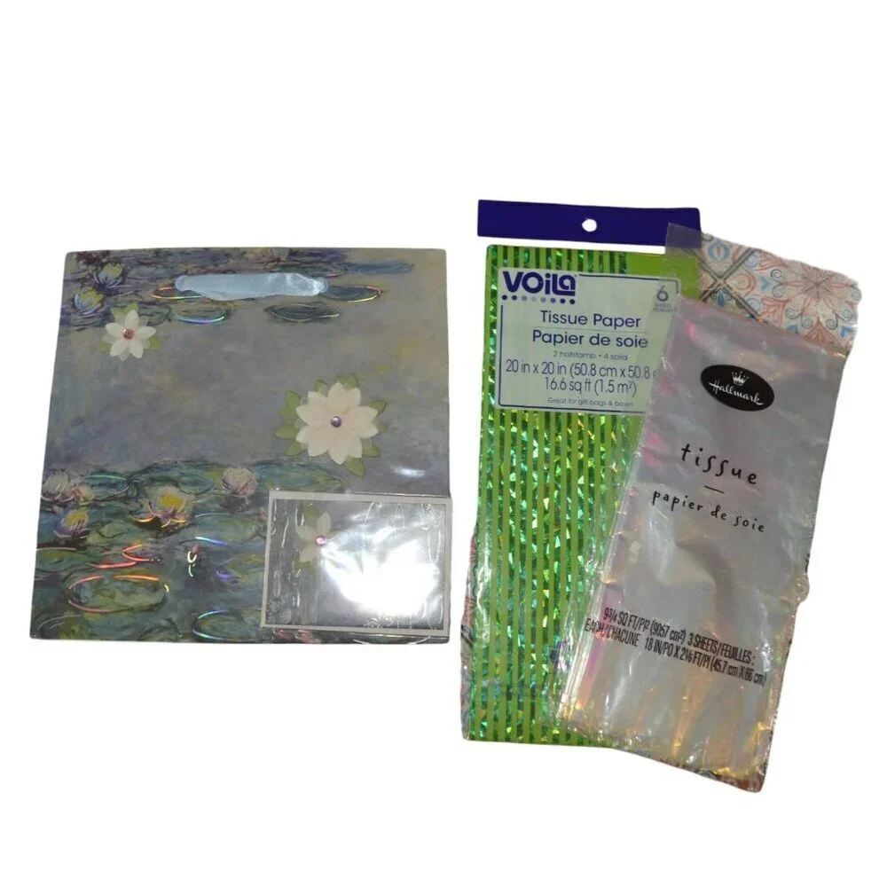 Retro Floral Gift Bag Tissue Party Bundle of 5 Pieces Pink Green Blue Iridescent